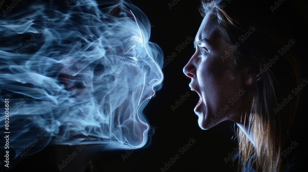 Poster a person engaged in a heated argument but the emotions on their face are visibly suppressed and cont