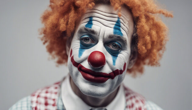 adult clown with tears flowing and sad facial expression, isolated white background.	
