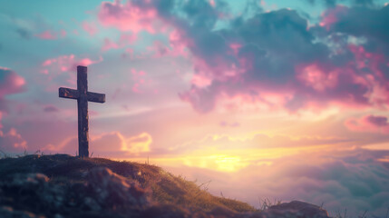 Wooden cross on a blue sky with clouds and sun rays in the background