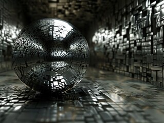 3D rendering of a futuristic sci-fi environment. A glowing sphere made of metal or glass is rolling down a long metallic tunnel.