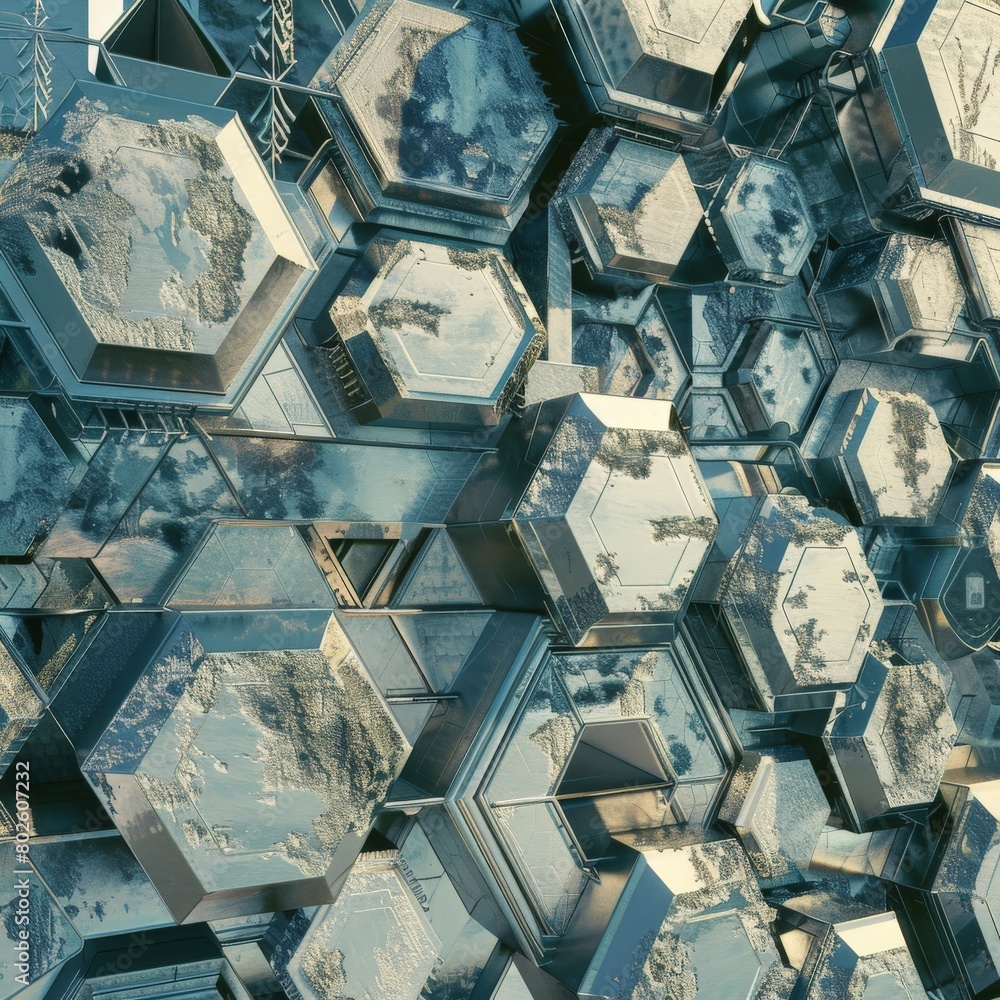 Aufkleber 3D rendering of futuristic hexagonal metallic surface with glowing elements.