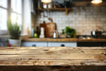 Wood table top on blurred kitchen background - generative ai