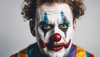 adult clown with tears flowing and sad facial expression, isolated white background.	
