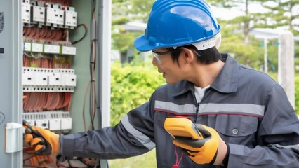 At an industrial site, a focused young male electrician wearing a bright orange hard hat, reflective safety vest, and work gloves inspects a complex electrical control panel. 