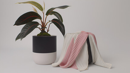 Pink and Navy Blue Striped Potted Plant with Beige Scarf - Minimalist Product Photography