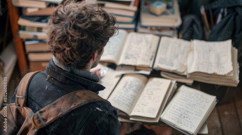 Poster a man sitting in front of a stack of notebooks filled with sketches poems and journal entries that s