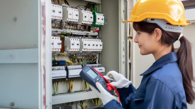 At an industrial site, a focused young male electrician wearing a bright orange hard hat, reflective safety vest, and work gloves inspects a complex electrical control panel. 