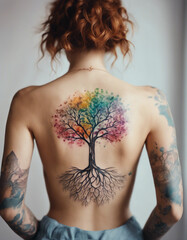 colorful tree of life tattoo on women body, isolated white background
