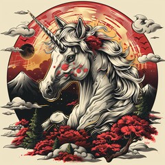 Elegant head of the unicorn with a long mane in circular vintage style. Elegant tattoo design. Digital illustration for tshirt, prints, posters, postcards, stickers, tattoo.