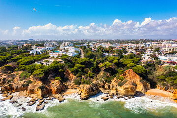 Amazing view from the sky of town Olhos de Agua in Albufeira, Algarve, Portugal. Aerial coastal...