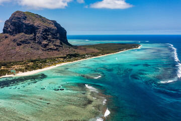 Aerial view of Mauritius island panorama and famous Le Morne Brabant mountain, beautiful blue...