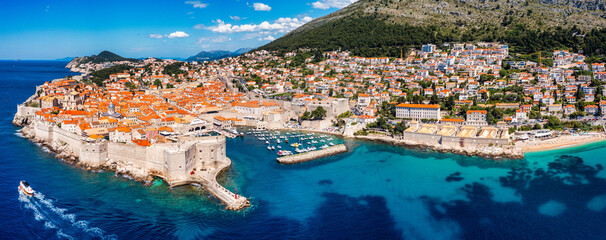 Naklejka premium The aerial view of Dubrovnik, a city in southern Croatia fronting the Adriatic Sea, Europe. Old city center of famous town Dubrovnik, Croatia. Dubrovnik historic city of Croatia in Dalmatia.