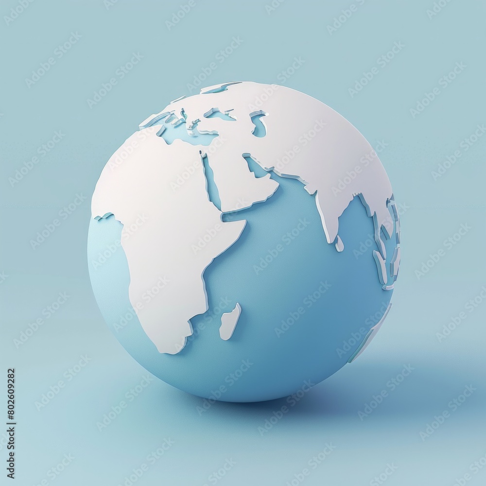 Poster a 3d globe icon with simplified continents in soft blue, ai generative