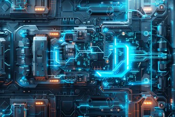 Fototapeta premium The image is a circuit board with a blue glowing light