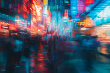blurred photograph of crowded cyber punk city.