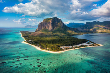 Aerial view of Mauritius island panorama and famous Le Morne Brabant mountain, beautiful blue...