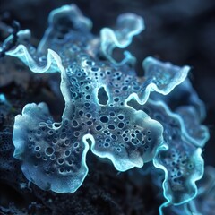 The image is a close-up of a glowing blue mushroom. The mushroom has a textured surface with a hole in the center. The mushroom is growing in a dark environment.