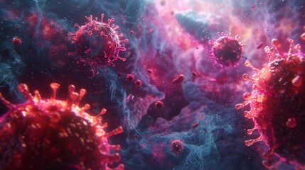 3D cancer cell in stark detail against red virus blood cells, AI Generative