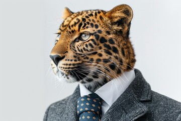 A Amur Leopardin a sharp business suit, poised and dignified, isolated against a stark white background, AI Generative