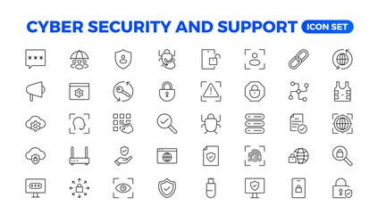 Cyber security and support icon set. Data protection symbol. Secured network collection. Technology concept. Vector illustration. Customer Service and Support - Outline Icon Collection.