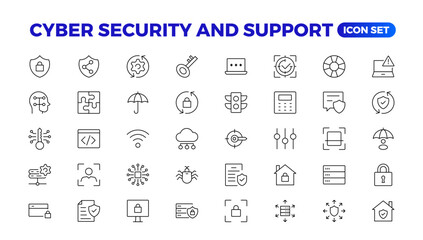 Cyber security and support icon set. Data protection symbol. Secured network collection. Technology concept. Vector illustration. Customer Service and Support - Outline Icon Collection.