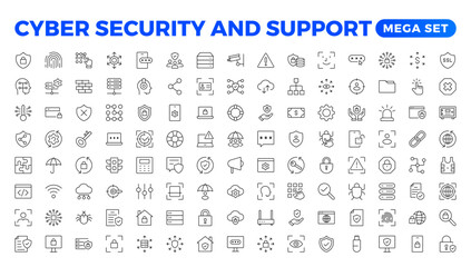 Cyber security and support icon set. Data protection symbol. Secured network collection. Technology concept. Vector illustration. Customer Service and Support - Outline Icon Collection.