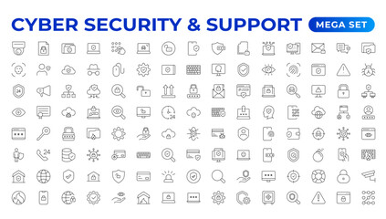 Cyber security and support icon set. Data protection symbol. Secured network collection. Technology concept. Vector illustration. Customer Service and Support - Outline Icon Collection.