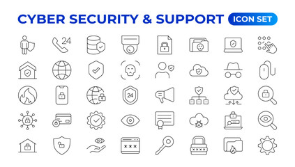 Cyber security and support icon set. Data protection symbol. Secured network collection. Technology concept. Vector illustration. Customer Service and Support - Outline Icon Collection.