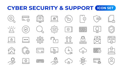 Cyber security and support icon set. Data protection symbol. Secured network collection. Technology concept. Vector illustration. Customer Service and Support - Outline Icon Collection.