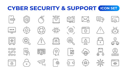 Cyber security and support icon set. Data protection symbol. Secured network collection. Technology concept. Vector illustration. Customer Service and Support - Outline Icon Collection.