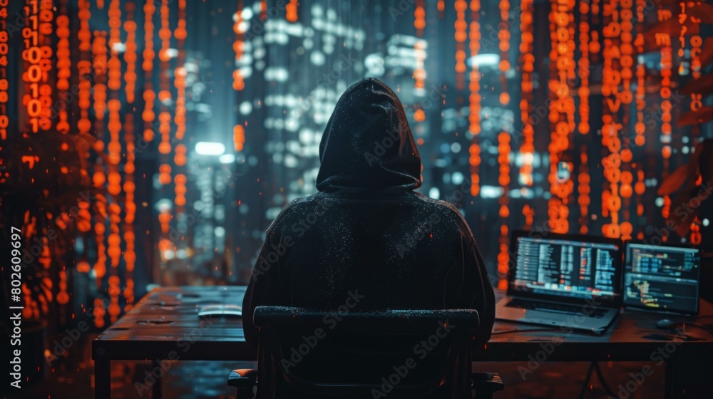 Poster anonymous cybercriminal, obscured in the shadows, orchestrating a cyberattack, backdrop of coded mes