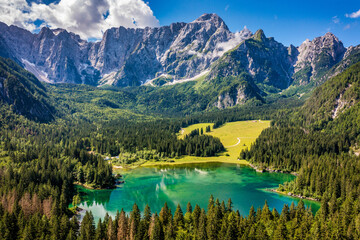 Lake of Fusine (Lago Superiore di Fusine) and the Mountain Range of Mount Mangart, Julian Alps,...
