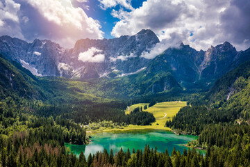 Lake of Fusine (Lago Superiore di Fusine) and the Mountain Range of Mount Mangart, Julian Alps,...