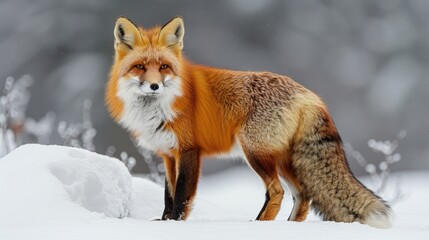 Obraz premium A solitary red fox, its coat a flame against the snow, hunting in the silent expanse of Algonquin Park, AI Generative