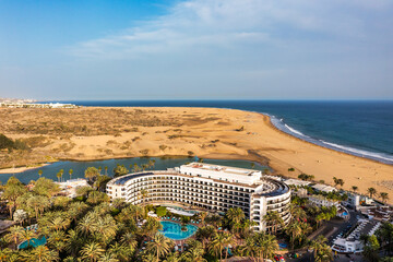 Landscape with Maspalomas town and golden sand dunes, Gran Canaria, Canary Islands, Spain. Natural...