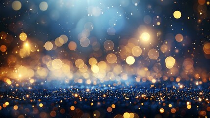 An elegant abstract background that blends deep dark blue hues with shimmering golden particles. The scene is illuminated by Christmas golden lights, AI Generative