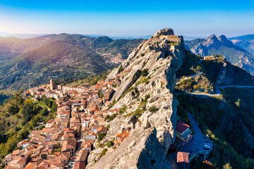 Cityscape aerial view of medieval city of Pietrapertosa, Italy. View of Pietrapertosa town in the Lucanian Dolomites in Italy. Pietrapertosa village in Apennines Dolomiti Lucane. Basilicata, Italy.