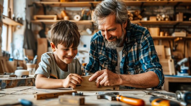 Bonding over DIY, father and son assembling furniture, focus and fun, living room workshop, tools and pieces, teaching moments, soft light, AI Generative
