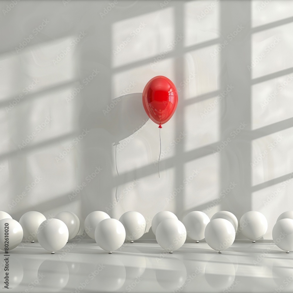Poster create a 3d rendering of a scene where one red balloon floats away from a collection of white balloo