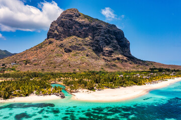 Aerial view of Le morne Brabant in Mauriutius. Tropical crystal ocean with Le Morne mountain and...