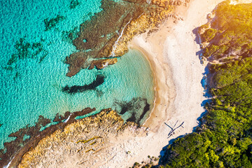 Aerial view of Baia dei Turchi, Puglia region, Italy. Turkish Bay (or Baia dei Turchi), this coast of Apulia is one of the most important ecosystems in Salento, Italy. Seacoast of Baia dei Turchi.