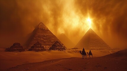 Great Pyramids of Giza, majestic ancient wonders caressed by the evening's golden hues, AI Generative