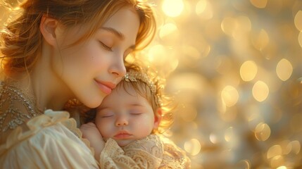 Happy mother with her newborn, their first moments together filled with love and tenderness, in a soft, glowing light, AI Generative