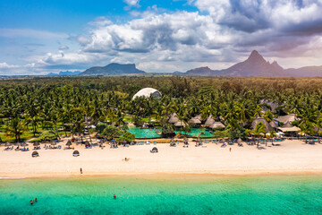 Beach of Flic en Flac with beautiful peaks in the background, Mauritius. Beautiful Mauritius Island...
