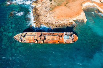 Abandoned Edro III Shipwreck at seashore of Peyia, near Paphos, Cyprus. Historic Edro III Shipwreck...