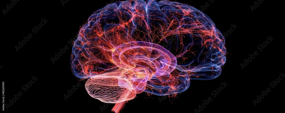 Poster the image shows a 3d rendering of a human brain. the brain is depicted in a blue and purple color sc