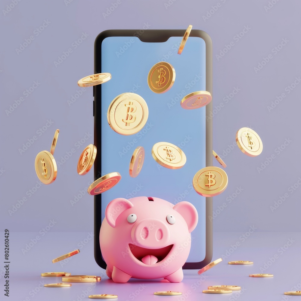 Poster visualize a 3d scene where golden coins flow seamlessly from a smartphone screen into a smiling pigg