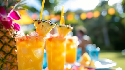 A summer luau featuring tropical mocktails like pineapple mango coolers and a limbo competition. - obrazy, fototapety, plakaty