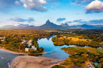Rempart mountain view from Tamarin bay, Black river, scenic nature of Mauritius island. Beautiful...