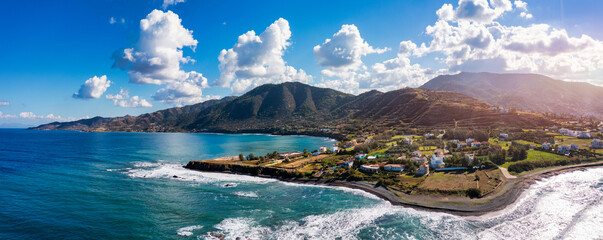 Small local harbor with colorful fishing boats at Pomos,Cyprus. Aerial view of Pomos fishermans...